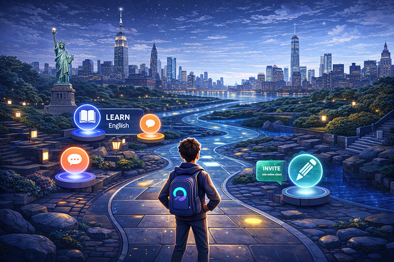 A learner with a backpack walks a glowing path toward the New York skyline at dusk