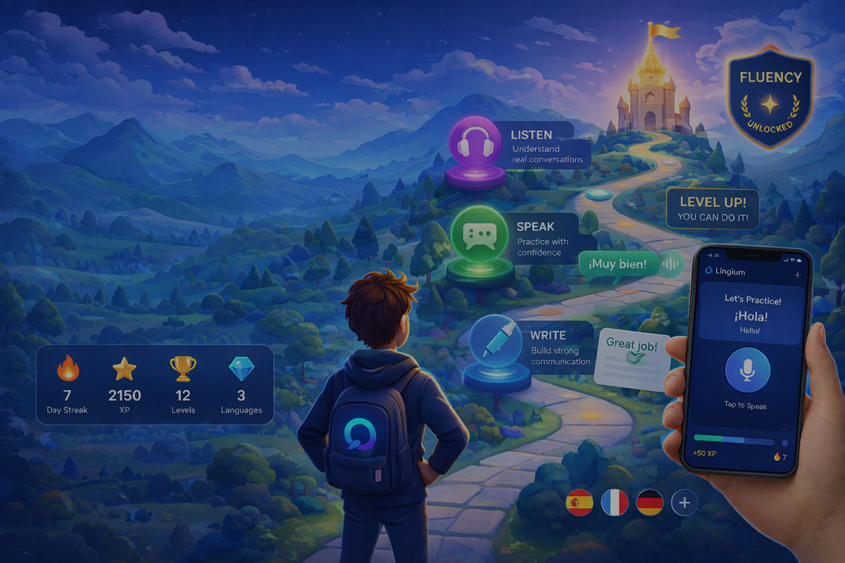 Lingium illustration: a learner with a backpack looks along a winding path through the hills, past stops for listening, speaking and writing, while a hand holds a phone with a speaking exercise