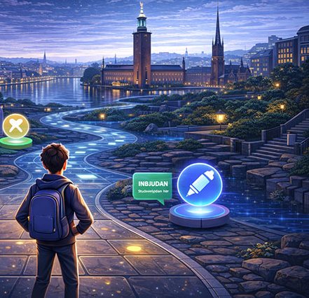 Lingium illustration: a learner with a backpack stands on a glowing path by the water, looking across at Stockholm City Hall at dusk